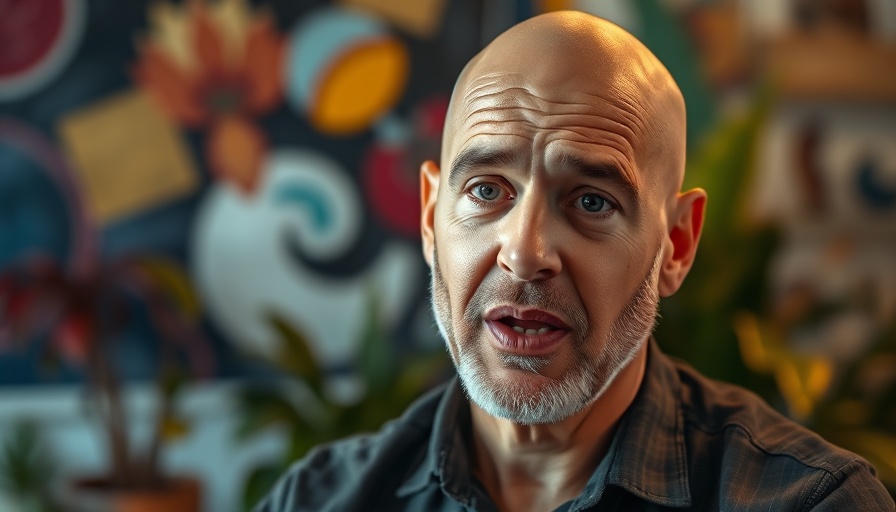 Man discussing cash risks for businesses indoors with colorful background.
