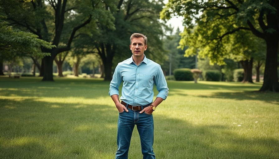 Man reporting on renewables surpassing coal in a park setting.