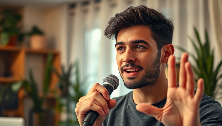 Young man confidently speaking into a microphone, discussing how to decline an invite.