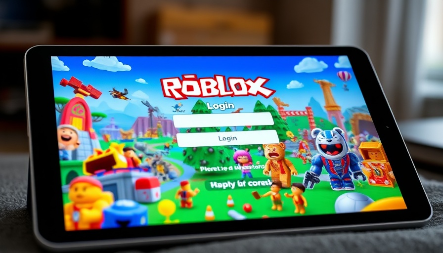Roblox login screen with colorful game scenes displayed on a tablet.
