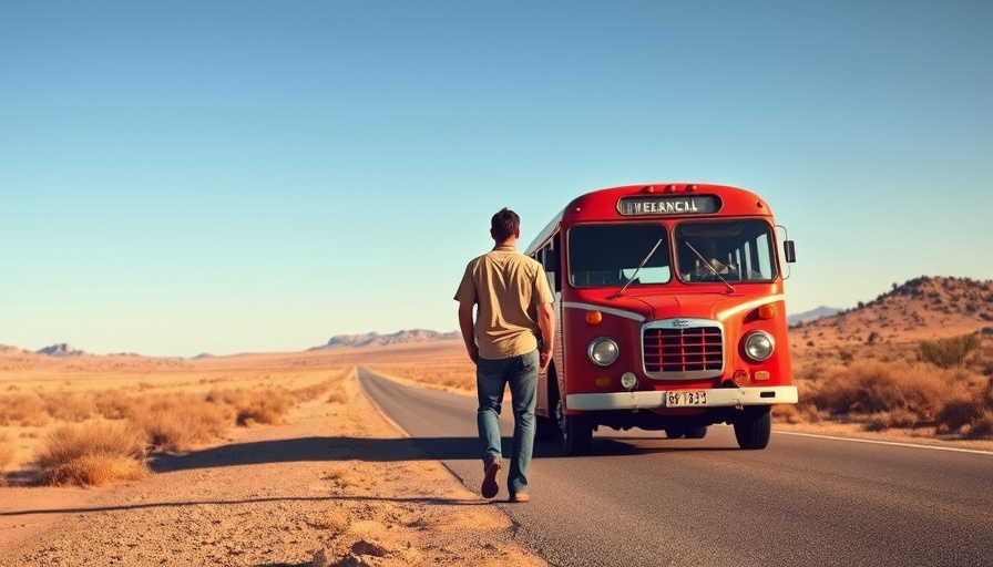 Solitary figure on road observing a bus, Reviving Civic Virtue theme.