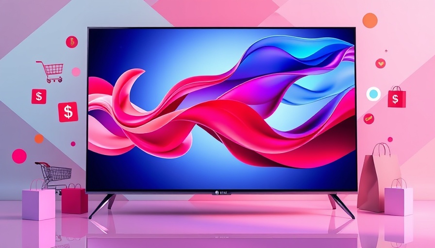 Vibrant LG C4 OLED TV sale ad with shopping symbols and abstract shapes.