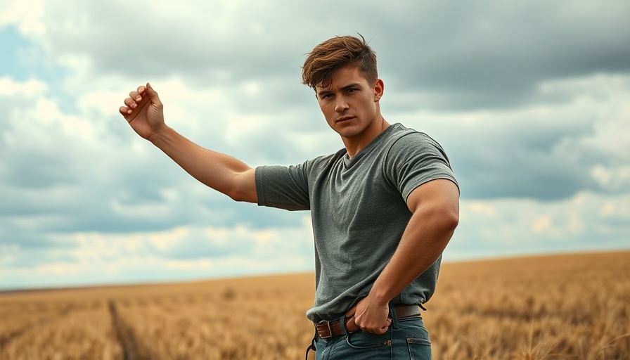 Determined young man standing confidently in a field, family-friendly scene.