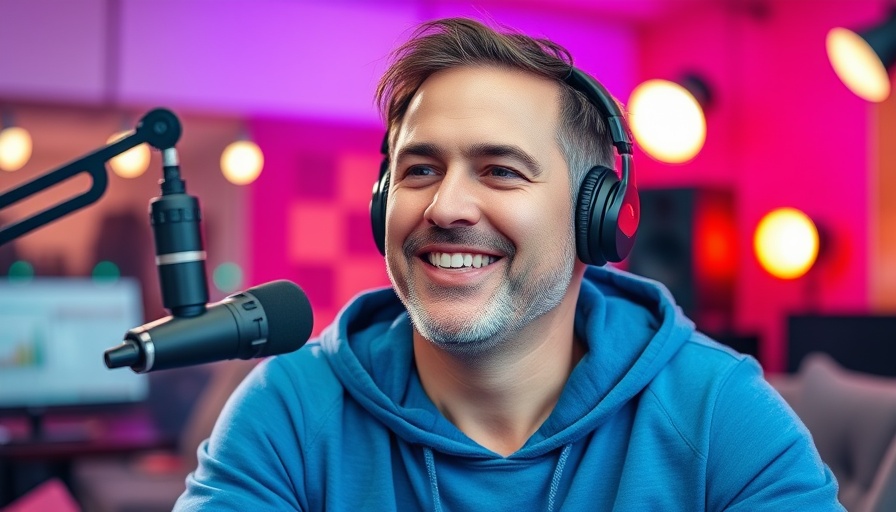 Confident speaker in blue hoodie in vibrant podcast studio.