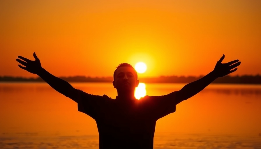 Silhouette of person doing arm exercises by a lake at sunset, promoting standing exercises that smooth arm jiggle after 45.