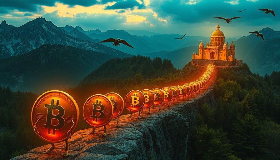 Fantasy scene of coins marching to a castle, representing stablecoins and AI.
