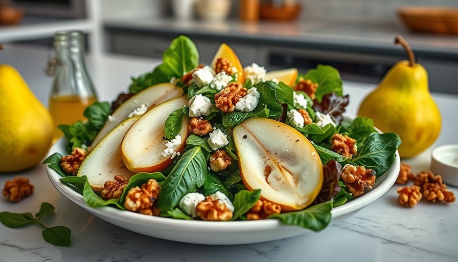 Pear salad with walnuts and feta on a kitchen countertop.