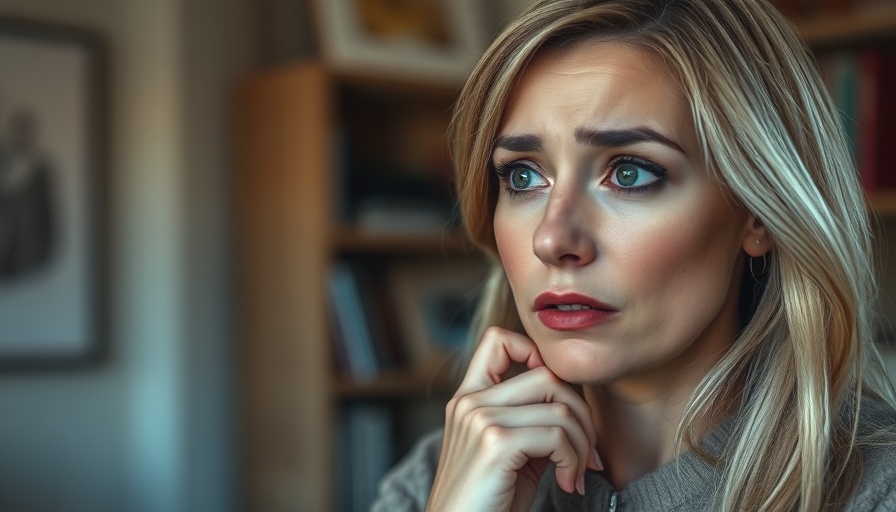 Blonde woman considering a career break at 40, thoughtful expression.