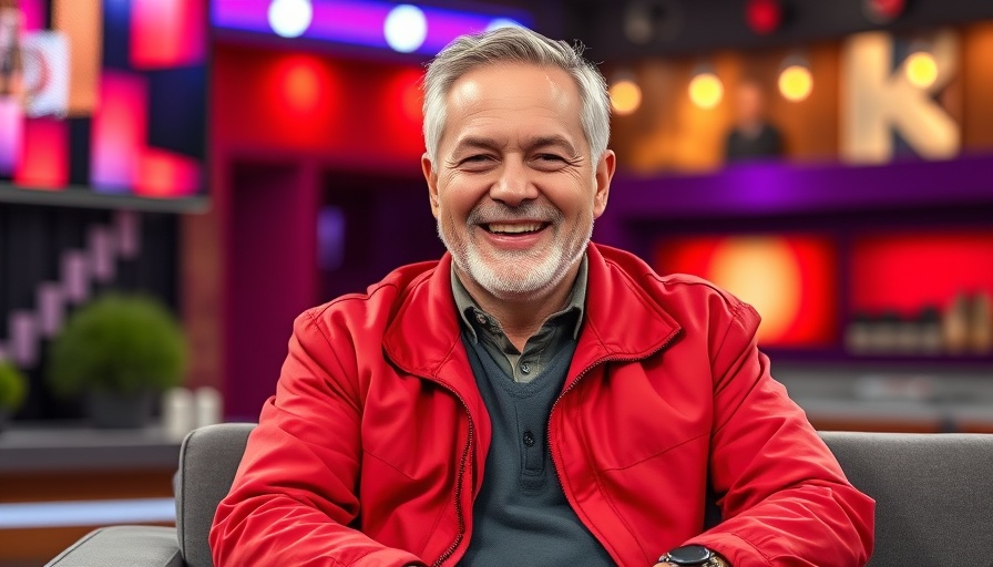 Smiling man on talk show, vibrant set, AI videos on social media.