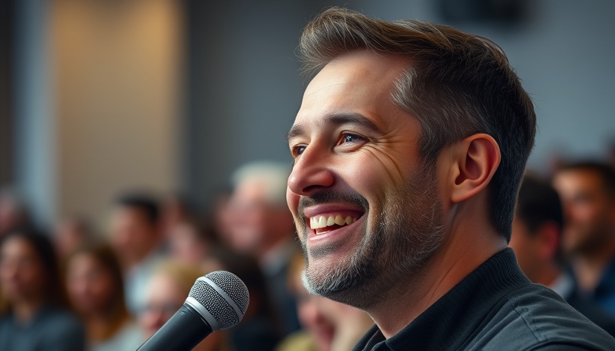 Man at an event, speaking into a microphone with a smile.