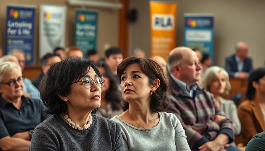 Group of adults at a community meeting, listening to a speaker.