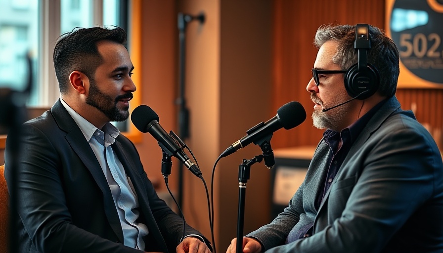 Discussion in podcast studio with microphones and dynamic lighting.