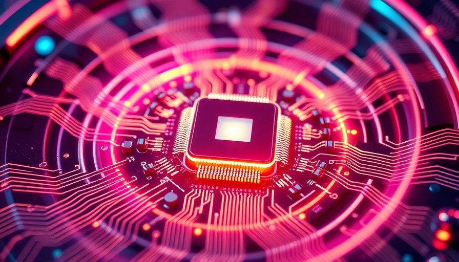 Futuristic chip in an energy vortex, Humanity AI Initiative concept.