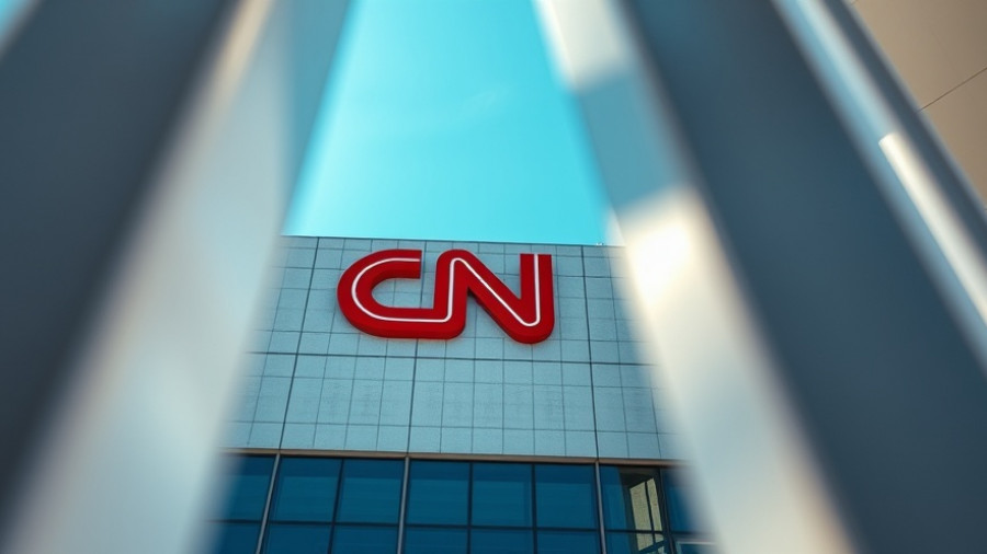 CNN headquarters building with logo framed by beams, blue sky backdrop.