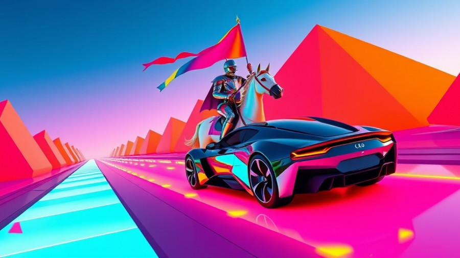 Futuristic knight and car on geometric path in vibrant art