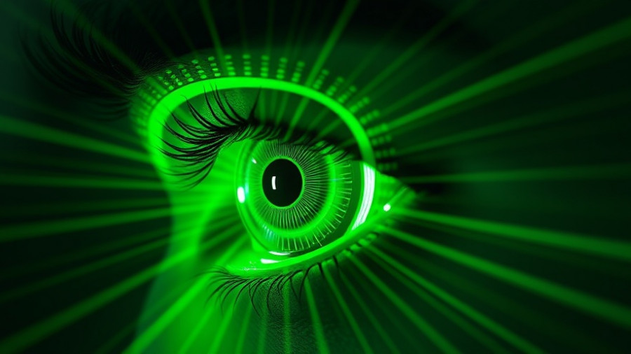 PRIMA device for blindness projected from eye with green overlay.
