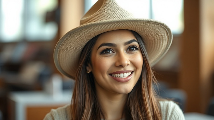 Young woman in beige hat discussing 'Where is the Cheapest University Town', indoors.