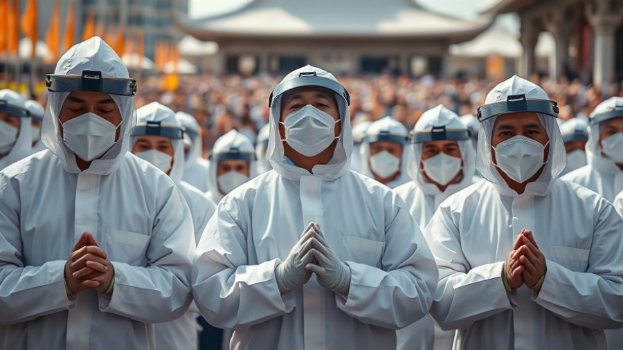Solemn gathering with people in protective suits during prayer.