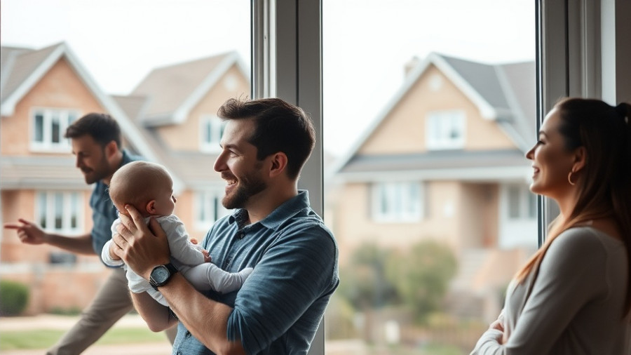 Smiling family with baby by window, UK property finance market.
