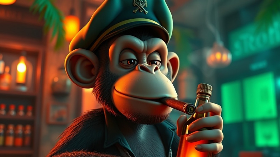 Cartoon monkey captain in dimly lit bar holding a glowing bottle in the Bored Ape Yacht Club Metaverse.