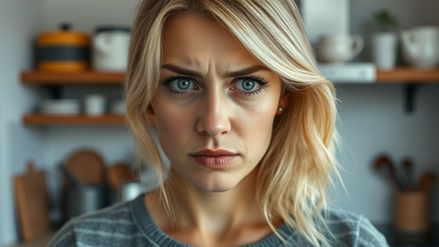 Frustrated woman in cluttered kitchen planning declutter, kitchen declutter tips.