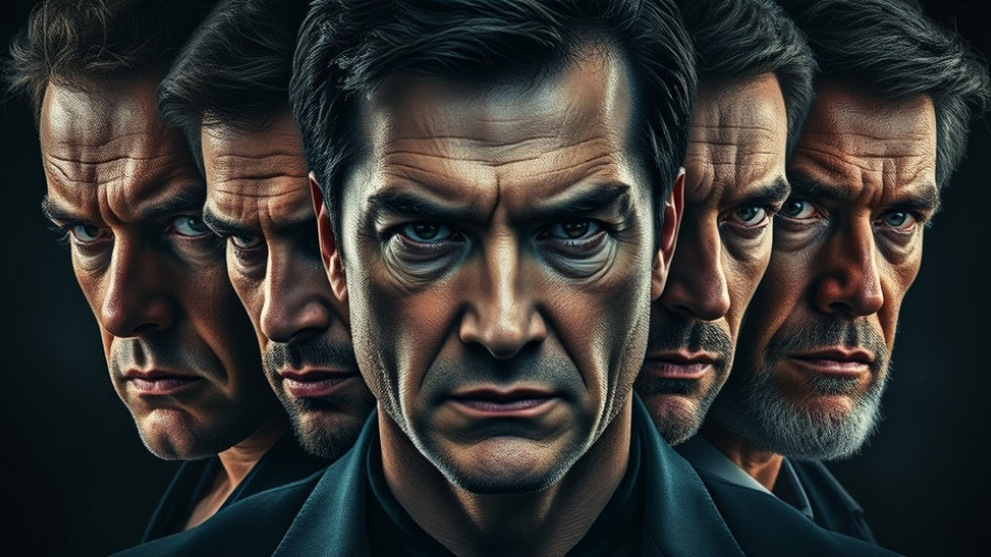 Collage of serious male figures representing media.