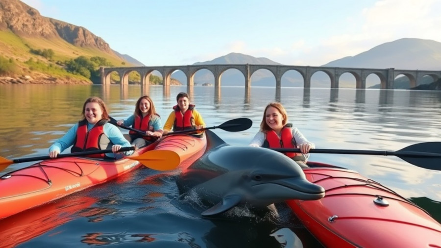 Kayakers with a dolphin in Scotland, enjoying affordable outdoor activities.