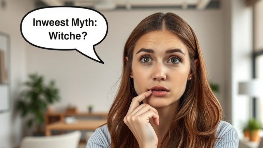 Young woman pondering myths about investing in an office setting.