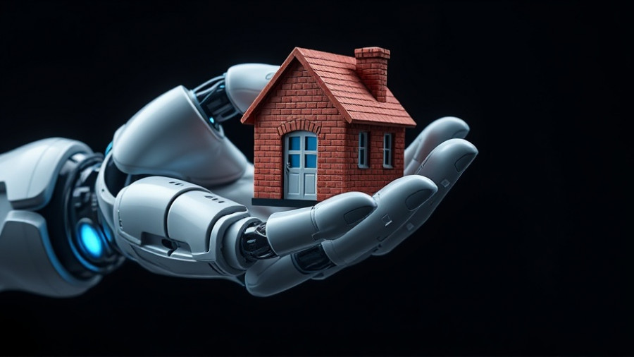 Futuristic robotic hand holding a small house symbolizing AI property search traffic