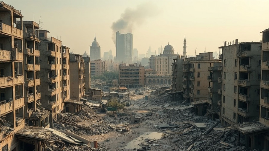 Israel military response to Hamas depicted in a war-torn urban landscape.