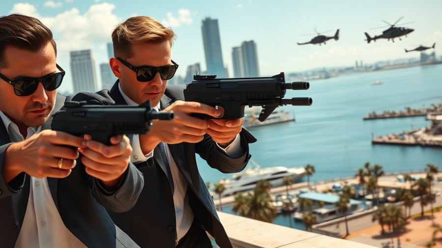 Two agents aim pistols at a city harbor with helicopters, Rockstar Games Union Busting Allegations