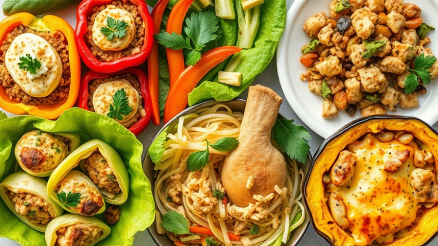Festive low-calorie high-protein Christmas meal collage in bright lighting.