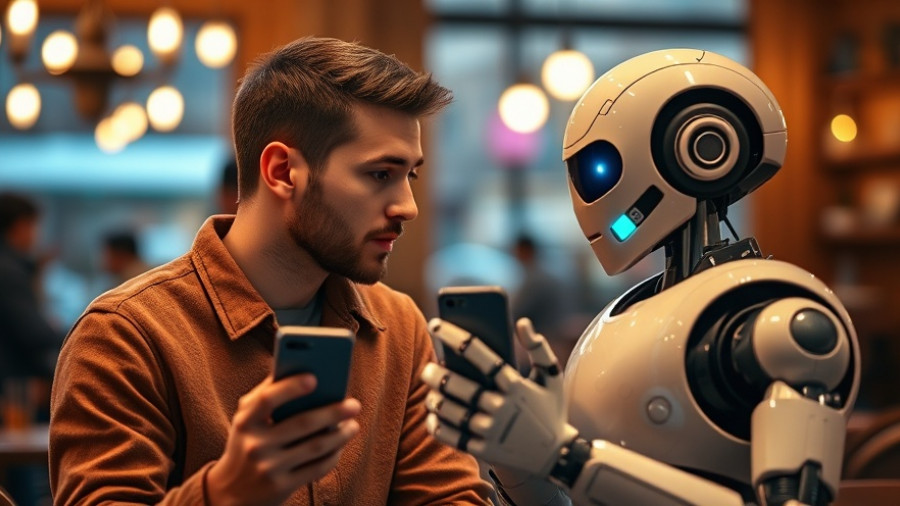 AI in dating apps depicted with a man and humanoid robot in a cafe.