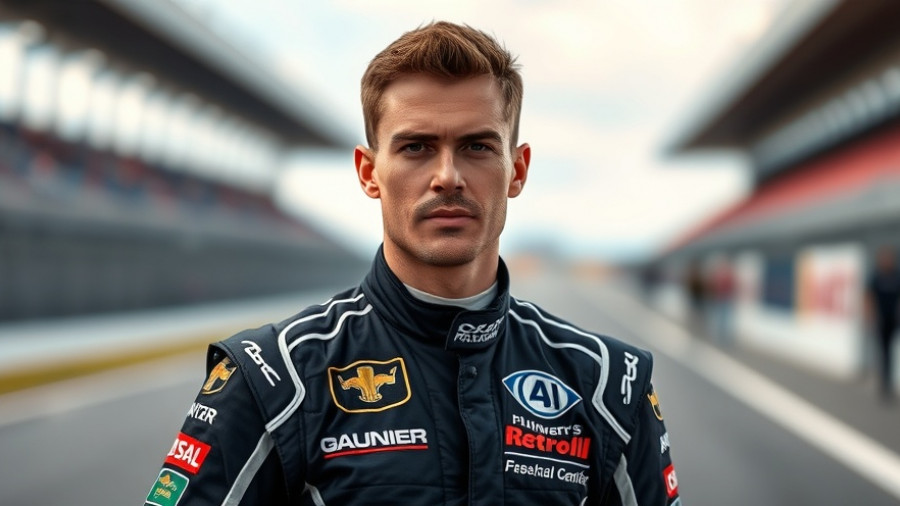 Professional racer at racetrack, blurred background, sponsor logos visible.