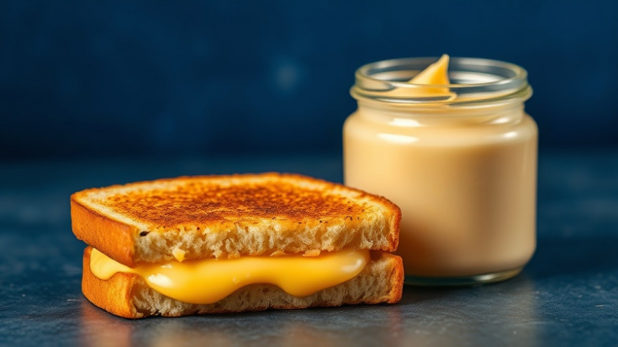 Perfect grilled cheese sandwich with melted cheese and Butternaise jar on blue background.