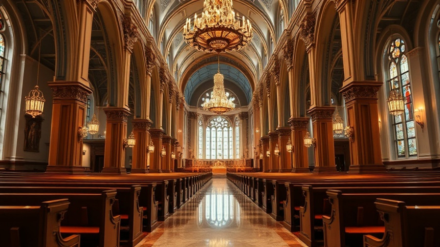 Interior of a grand church, illustrating a serene atmosphere with long pews and chandeliers, related to threats to secularism in the West.