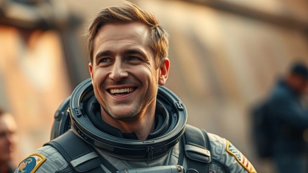 Smiling man in space suit with patches for NASA nomination