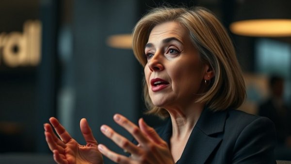 Middle-aged woman discussing digital ID social credit carbon tracking.