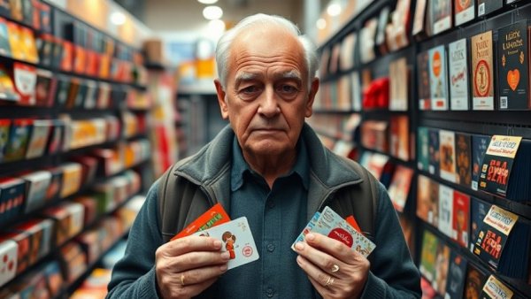 Man explaining why gift cards can keep you poor in a store aisle.