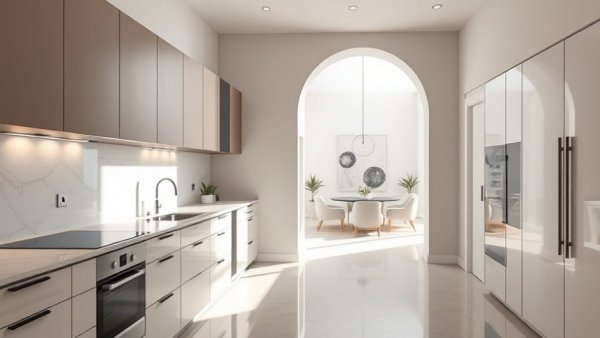 Modern kitchen design with natural light and marble elements.