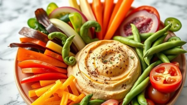 Colorful healthy work snacks of hummus and edamame on marble.