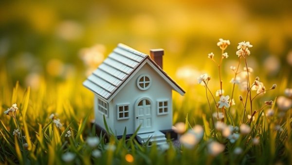 Miniature house and flowers at sunset symbolizing land registry transformation.