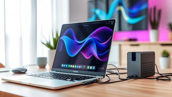 Modern workspace setup with laptop and data backup essentials.