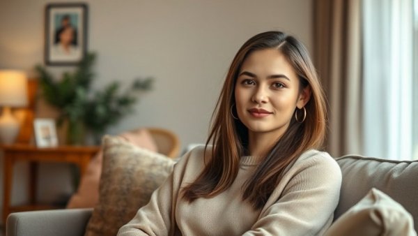 Confident woman sharing tips to improve your life for free in a cozy room.