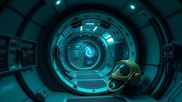 Interior of a subsea habitat for ocean research with open hatch and diving gear.