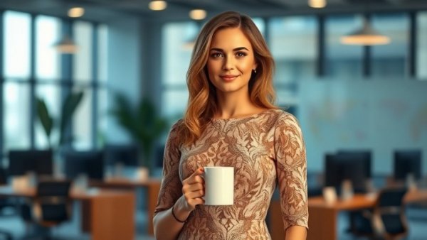 Confident woman in modern office holding a mug, balancing AI and human advisors.