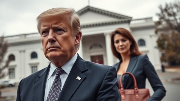 Contrasting scenes with a serious figure and a woman holding a briefcase.