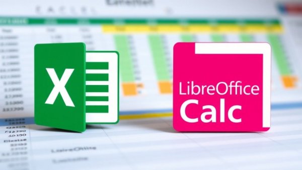 Microsoft Excel vs. LibreOffice Calc Comparison digital art with logos.