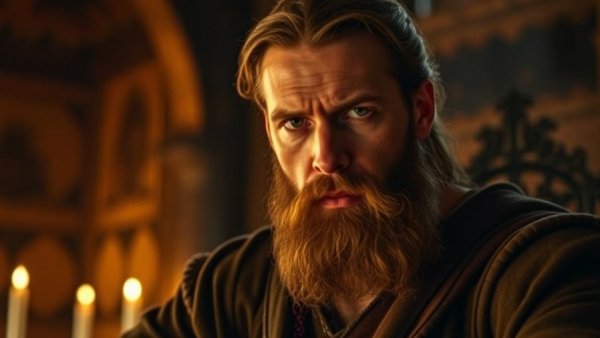 Intense medieval scene, close-up of determined bearded man.