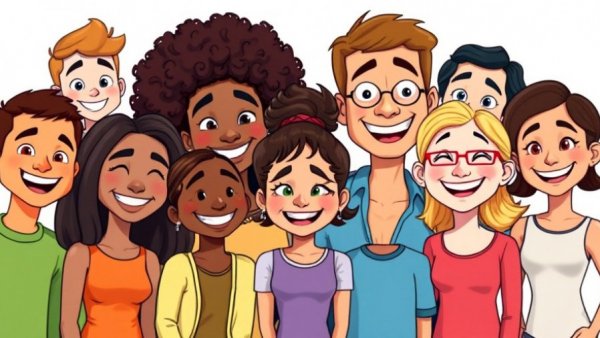 Colorful cartoon group promoting The Sims community inclusivity.